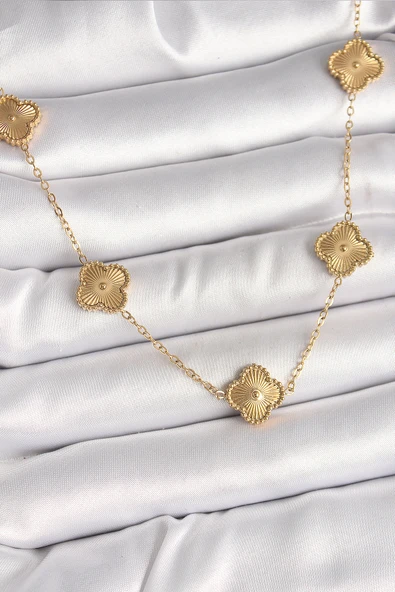 316L Çelik Gold Renk Zincir İşlemeli Yonca Model Kadın Kolye - TJ-BKO9924