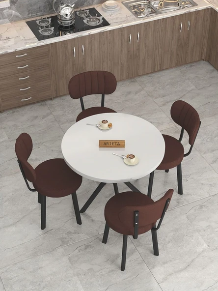 Azra Serisi Beyaz 90 Cm Sabit Yuvarlak Masa, Mutfak Masa Takımı 4 Sandayeli - Kahverengi - 3