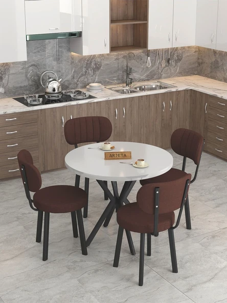 Azra Serisi Beyaz 90 Cm Sabit Yuvarlak Masa, Mutfak Masa Takımı 4 Sandayeli - Kahverengi - 2