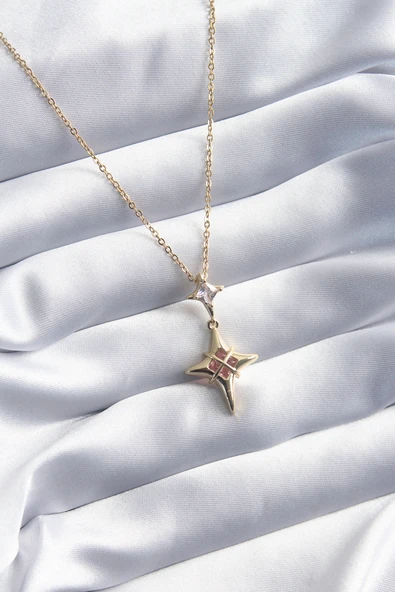 316L Çelik Gold Renk Kutup Yıldızı Model Zirkon Taş Detay Kadın Kolye - TJ-BKO8092