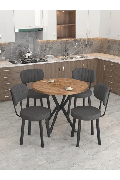 Azra Serisi Atlantik 90 Cm Sabit Yuvarlak Masa, Mutfak Masa Takımı 4 Sandayeli - Antrasit