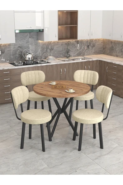 Azra Serisi Atlantik 90 Cm Sabit Yuvarlak Masa, Mutfak Masa Takımı 4 Sandayeli - Krem