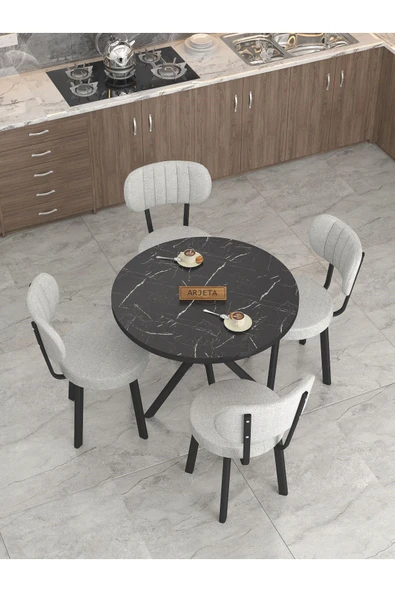 Azra Serisi Bendir 90 Cm Sabit Yuvarlak Masa, Mutfak Masa Takımı 4 Sandayeli - Açık Gri - 3