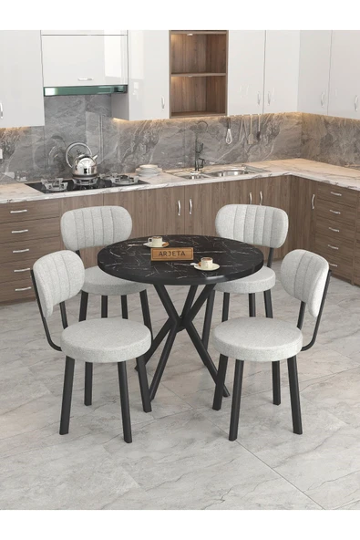 Azra Serisi Bendir 90 Cm Sabit Yuvarlak Masa, Mutfak Masa Takımı 4 Sandayeli - Açık Gri