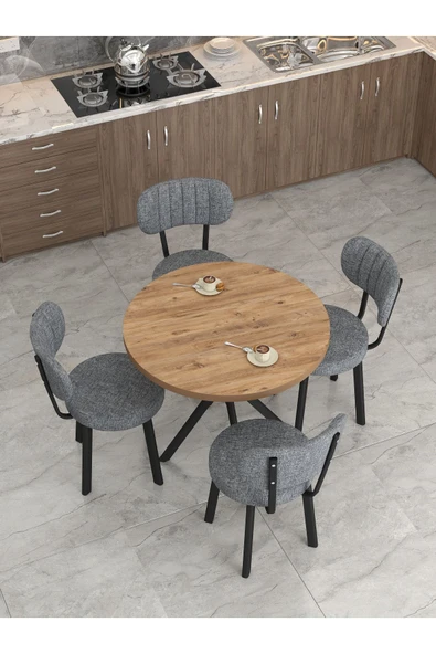 Azra Serisi Atlantik 90 Cm Sabit Yuvarlak Masa, Mutfak Masa Takımı 4 Sandayeli - Koyu Gri - 3