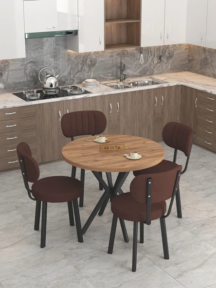 Azra Serisi Atlantik 90 Cm Sabit Yuvarlak Masa, Mutfak Masa Takımı 4 Sandayeli - Kahverengi - 2