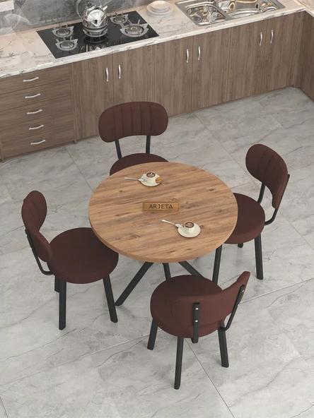 Azra Serisi Atlantik 90 Cm Sabit Yuvarlak Masa, Mutfak Masa Takımı 4 Sandayeli - Kahverengi - 3