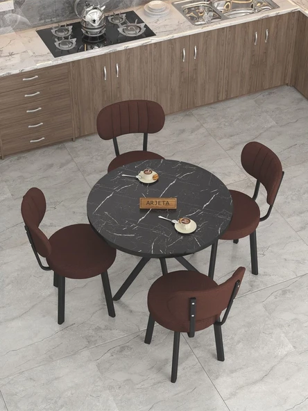 Azra Serisi Bendir 90 Cm Sabit Yuvarlak Masa, Mutfak Masa Takımı 4 Sandayeli - Kahverengi - 3