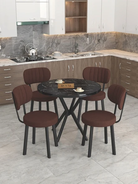 Azra Serisi Bendir 90 Cm Sabit Yuvarlak Masa, Mutfak Masa Takımı 4 Sandayeli - Kahverengi