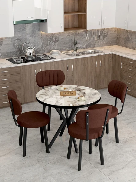 Azra Serisi Efes 90 Cm Sabit Yuvarlak Masa, Mutfak Masa Takımı 4 Sandayeli - Kahverengi