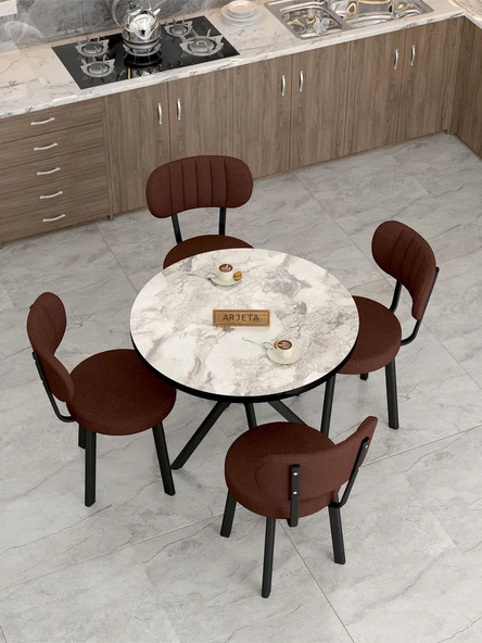 Azra Serisi Efes 90 Cm Sabit Yuvarlak Masa, Mutfak Masa Takımı 4 Sandayeli - Kahverengi - 2