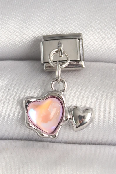 316L Çelik Gümüş Renk Pembe Mineli Kalp Model Nomination Charm - TJ-BC1308