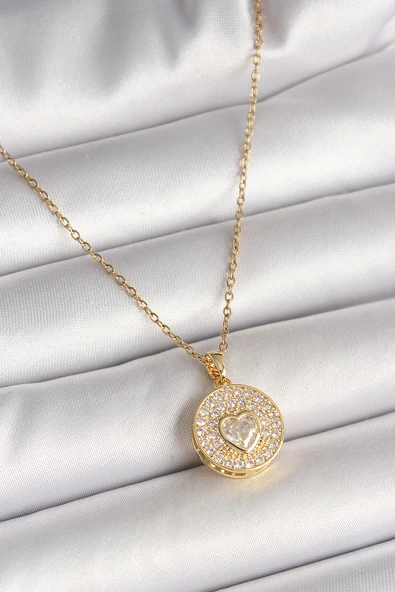 316L Çelik Gold Renk Zincir Madalyon Zirkon Taşlı Kalp Model Kadın Kolye - TJ-BKO9946