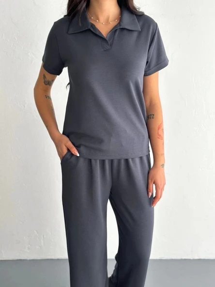 Osy Modal Yumuşak Dokulu Kumaş Kısa Kollu Yakalı T-shirt Pantalon Ikili Takım- Antrasit - Resim 2