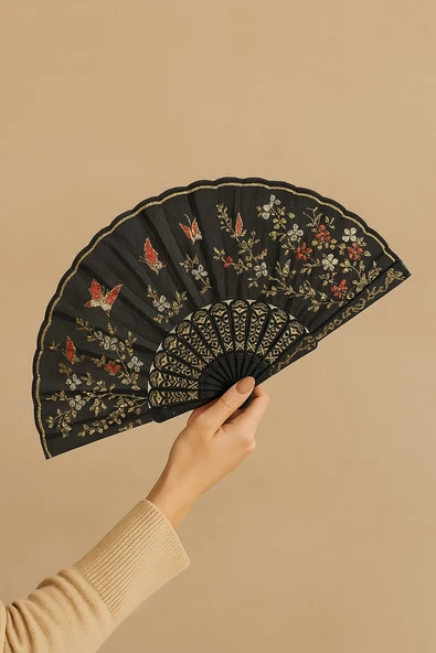 Asil Kelebekli Siyah Gelin Yelpazesi – Kına, Düğün, Bekarlığa Veda, Nedime Aksesuarı (42x24 cm)