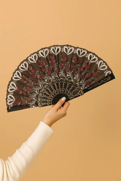 Siyah Dantelli Gelin Yelpazesi – Kına, Düğün, Bekarlığa Veda, Nedime Aksesuarı (42x24 cm)