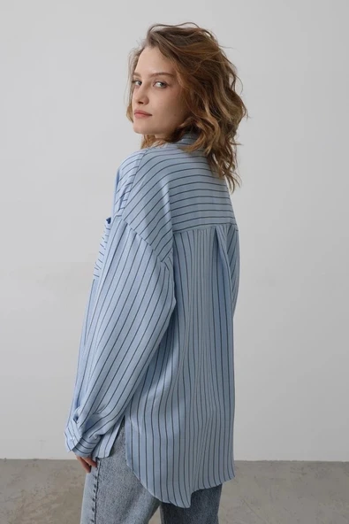 Çizgili Tek Cep Gömlek - Bebe Mavisi - 3