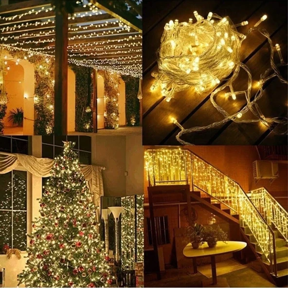 Yılbaşı aydınlatması 100 LED Perde hortum Sıcak Beyaz Işık İç mekan eklenebilir 10 metre Şeffaf Kablolu Süs - 7