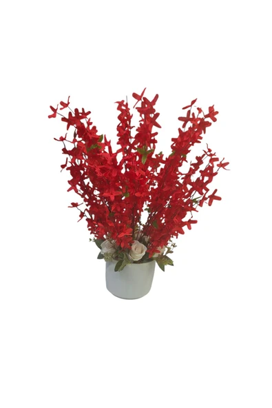 BEYAZ SAKSILI KIRMIZI DAL VE GÜLLER YAPAY ÇİÇEK ürün görseli