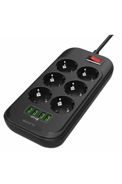 SWORD 6 Prizli + 4 Usb Girişli Uzatma ve Güç Kablosu 2 mt