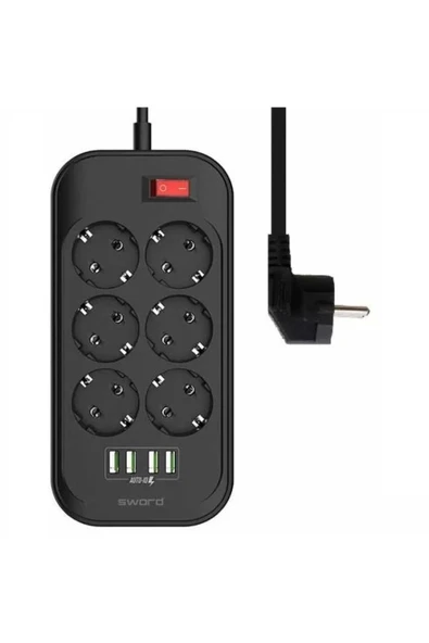 SWORD 6 Prizli + 4 Usb Girişli Uzatma ve Güç Kablosu 2 mt - 2
