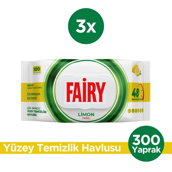 Fairy Çok Amaçlı Yüzey Temizleme Mendili 100 Yaprak 3 Adet | Limon Yağlı | Beyaz Sirke Karbonat