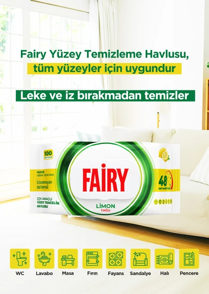 Fairy Çok Amaçlı Yüzey Temizleme Mendili 100 Yaprak 12 Adet | Limon Yağlı | Beyaz Sirke Karbonat - 8