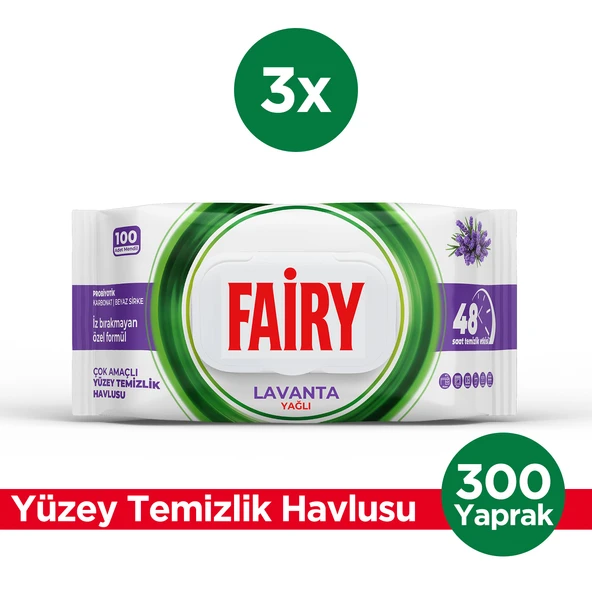 Fairy Çok Amaçlı Yüzey Temizlik Havlusu 100 Yaprak 3 Adet | Lavanta Yağlı | Beyaz Sirke Karbonat
