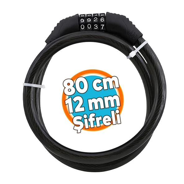 Şifreli Bisiklet Kilidi 80 cm Halat Zincir Çelik Kilit Çap 12 mm Ø  Hırsız Önleme Güvenlik 1 Adet