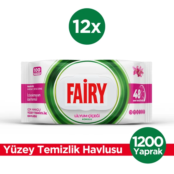 Fairy Çok Amaçlı Yüzey Temizlik Havlusu 100 Yaprak 12 Adet | Lilyum Çiçeği | Beyaz Sirke Karbonat