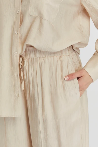 Kadın Bej Bol Paça Dokuma Pantolon - 4