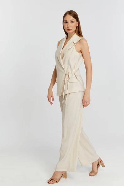 Bej Regular Fit Belden Bağlama Detaylı Astarlı Dokuma Yelek - 8