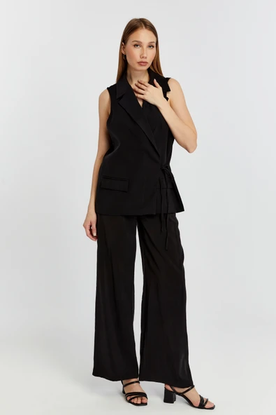 Siyah Regular Fit Belden Bağlama Detaylı Astarlı Dokuma Yelek - 7