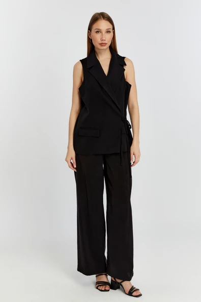 Siyah Geniş Paça Dokuma Pantolon - 8