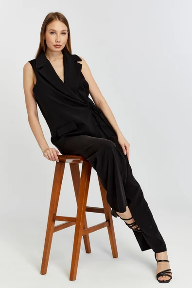 Siyah Geniş Paça Dokuma Pantolon - 2