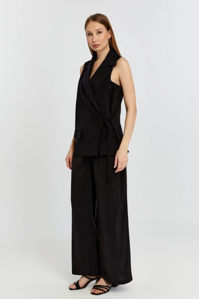 Siyah Geniş Paça Dokuma Pantolon - 7