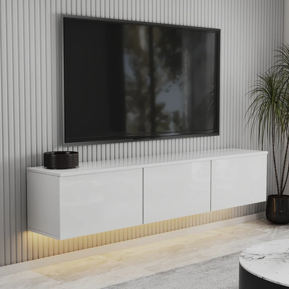 T0020 Alston 3 Kapaklı Duvara Monte Tv Ünitesi – LED Işıklı, Modern Tasarım, 160 cm