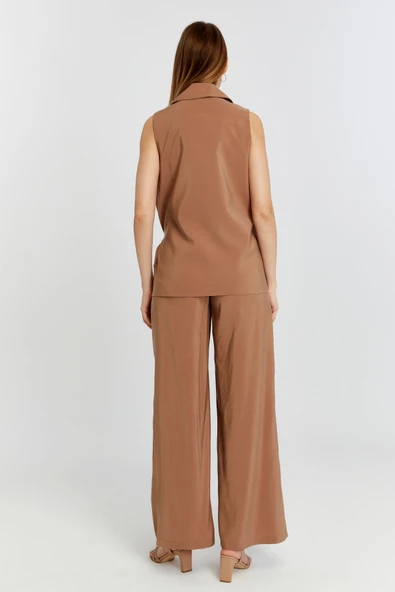 Kahverengi Geniş Paça Dokuma Pantolon - 7