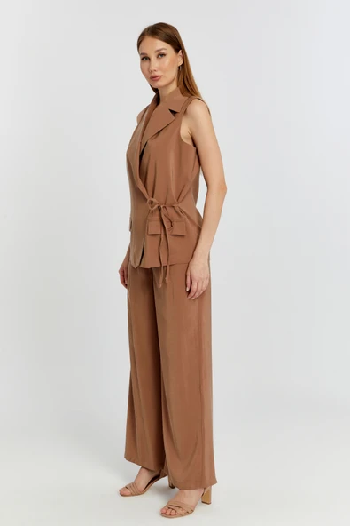 Kahverengi Geniş Paça Dokuma Pantolon - 4