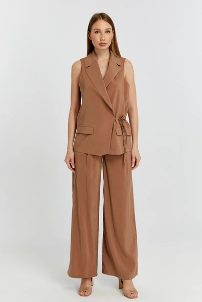 Kahverengi Geniş Paça Dokuma Pantolon - 3