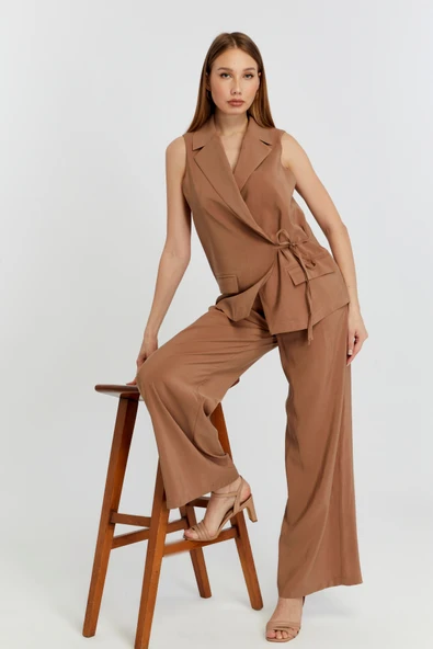 Kahverengi Geniş Paça Dokuma Pantolon - 2