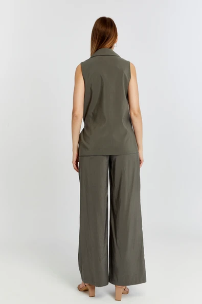 Haki Geniş Paça Dokuma Pantolon - 3