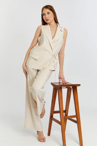 Bej Geniş Paça Dokuma Pantolon - 10