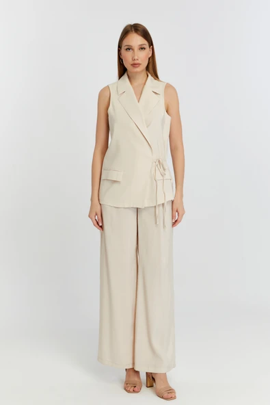 Bej Geniş Paça Dokuma Pantolon - 3