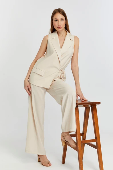 Bej Geniş Paça Dokuma Pantolon