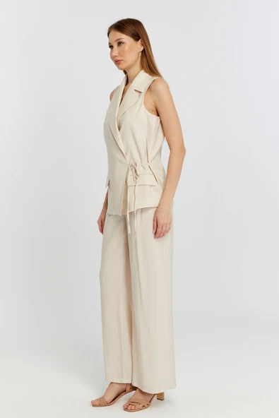 Bej Geniş Paça Dokuma Pantolon - 4