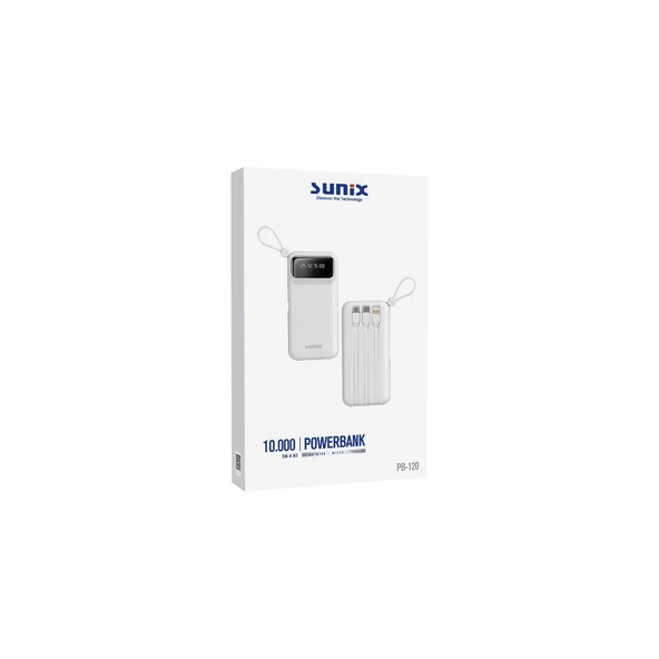 Sunix 10.000 Mah Dijital Göstergeli Kendinden Kablolu Powerbank Beyaz PB-120 - 3