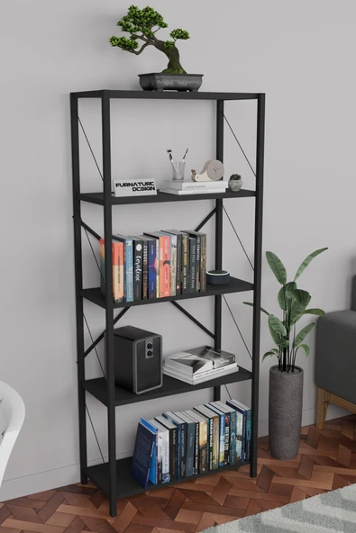 Metal Kitaplık 5 Raflı Dekoratif Kitaplık 150 Cm - Siyah