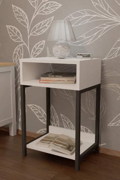 Dekoratif Başucu Komodin 2 Raflı Metal Ayaklı Sehpa