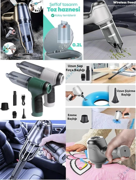 Kablosuz Taşınabilir Vakumlu Şarjlı Güçlü Emiş&Üfleme Araç Süpürgesi Ev-Ofis-Araba Çok Fonksiyonlu